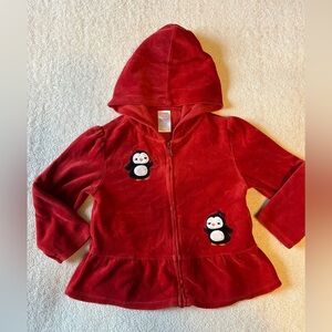 Gymboree Velevt Penguin Full Zip Red Hooded Jacket, size 2-3T